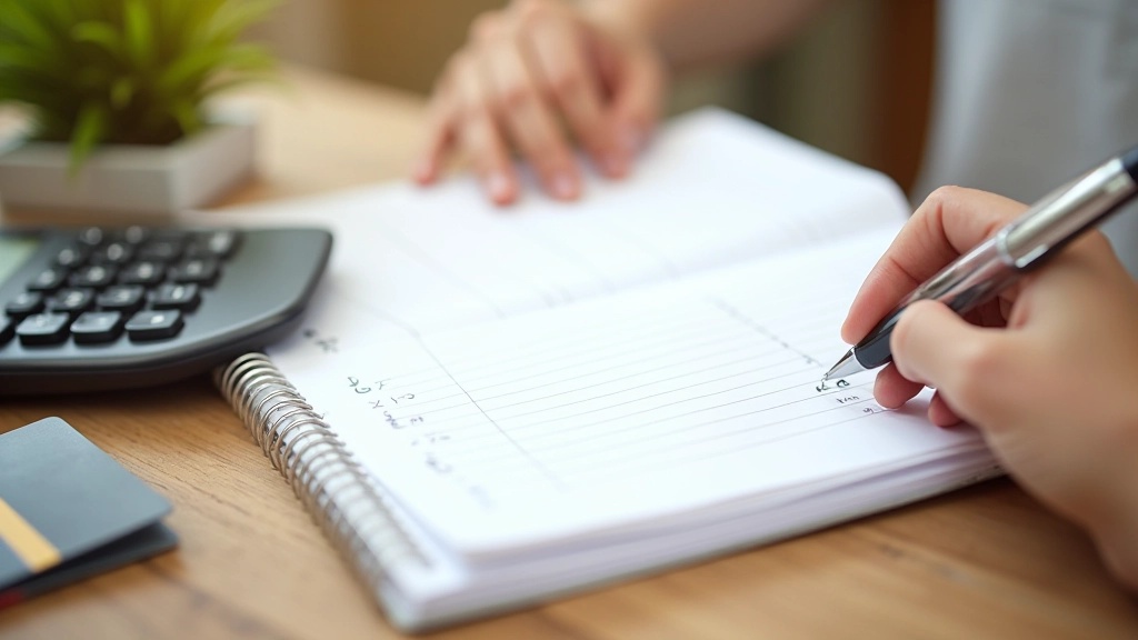 Notebook s grafem měsíčních výdajů a kalkulačkou na stole