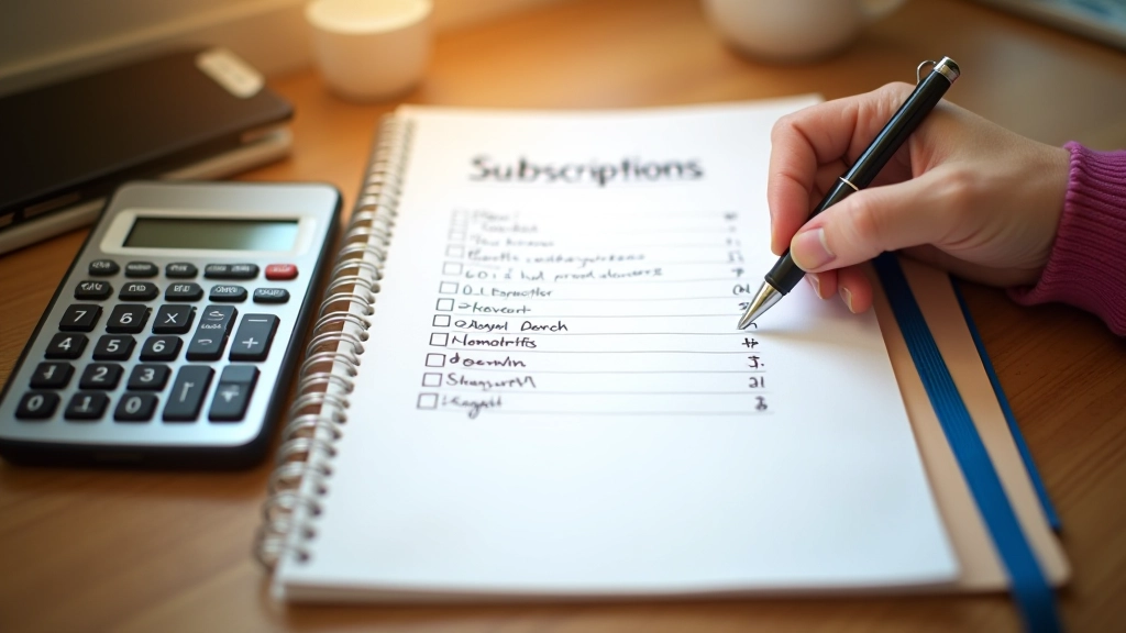 Notebook s seznamem měsíčních plateb a kalkulačkou na dřevěném stole