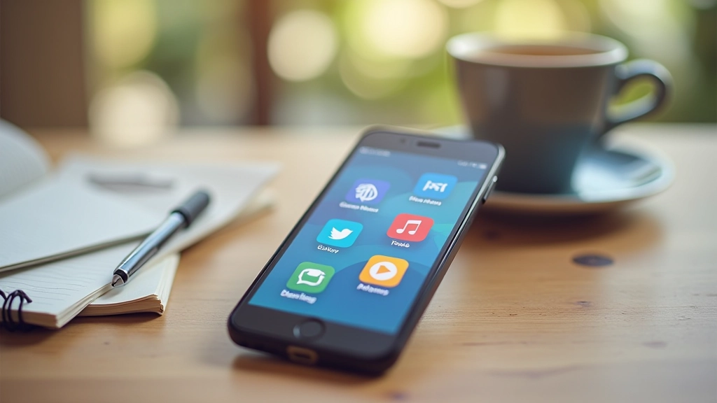 Smartphone s aplikacemi na obrazovce a notebookem v pozadí