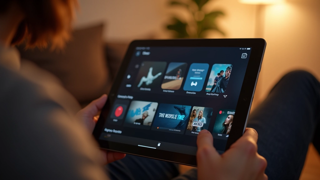 Tablet s aplikací pro streamování na pohovce s polštářem